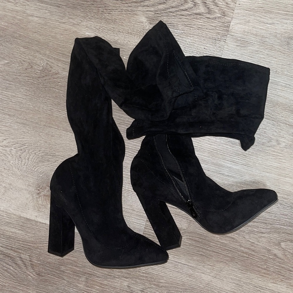pretty little thing black suede thigh high knee boots